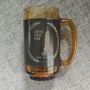 Vintage New York Landmarks Amber Glass Mug with Black Leather Sleeve